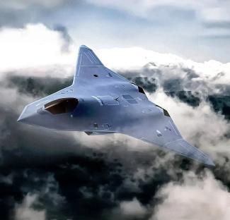 Illustration of the next-generation F-47 fighter jet flying above clouds.