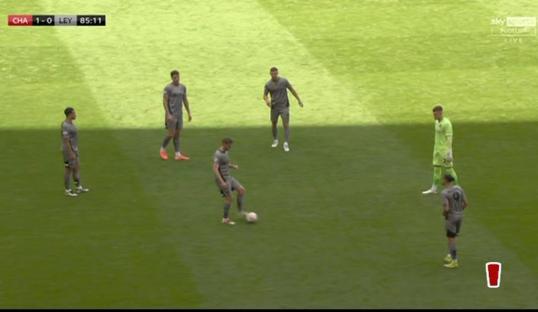 Soccer players on a field during a game.