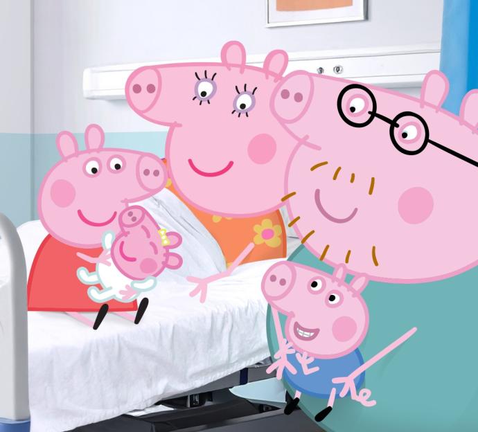 Illustration of Daddy Pig and Mummy Pig with their children, Peppa, George, and new baby Evie, in a hospital room.