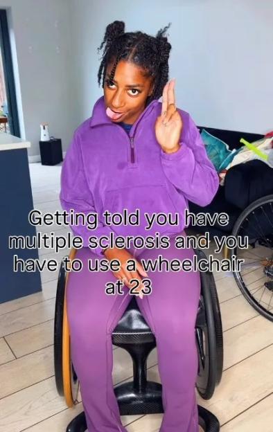 Kadeena Cox in a wheelchair sticking out her tongue, with text "Getting told you have multiple sclerosis and you have to use a wheelchair at 23."
