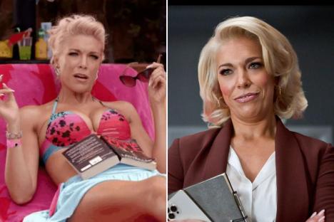 Collage of a woman in a bikini and a woman in a business suit.