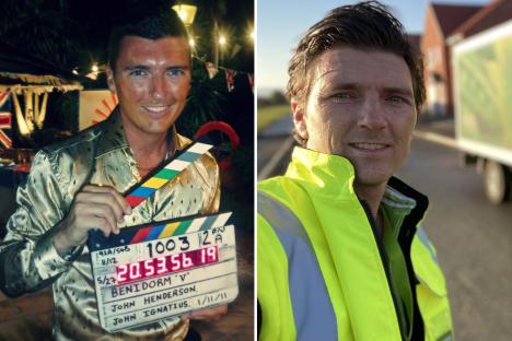 Then and now photos of Asa Elliott, one holding a clapperboard from the set of Benidorm.