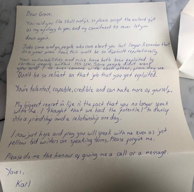 A handwritten letter from Karl to Grace, expressing his regrets and asking for forgiveness.