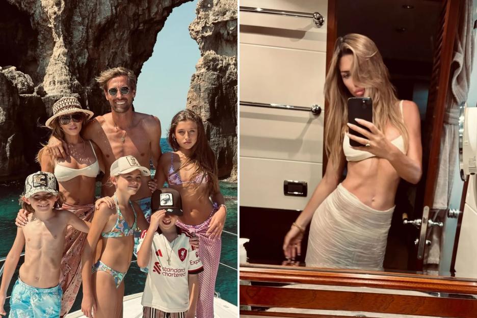 An image collage containing 2 images, Image 1 shows Abbey Clancy and Peter Crouch with their four children on a boat trip, Image 2 shows Abbey Clancy in a bikini taking a selfie