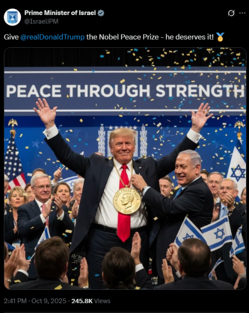 Benjamin Netanyahu placing a large "Nobel Peace Prize" medal around Donald Trump's neck at a "Peace Through Strength" event.