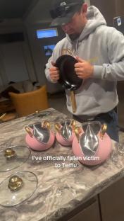 Person holding pink cookware set with gold accents purchased from Temu.
