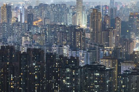 Night view of a densely populated residential district in China.