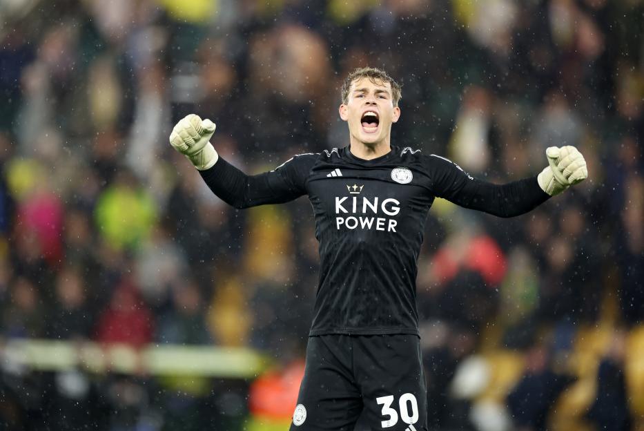 Mads Hermansen of Leicester City celebrates a victory.