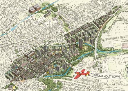 Illustration of Holt Town regeneration project in Manchester, showing new homes, green spaces, and transport links.