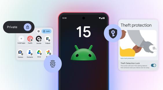 Illustration of Android phone security features, including theft protection and app privacy.