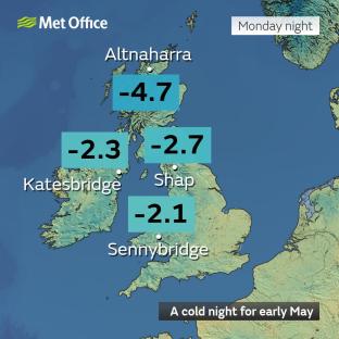 Weather map of the UK showing low temperatures.