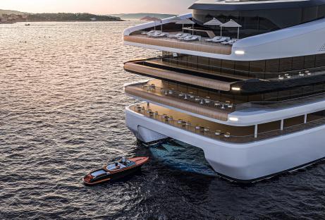 The Viken REI yacht, a floating restaurant with multiple outdoor decks.