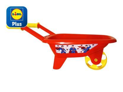 Red plastic toy wheelbarrow with Superman images.