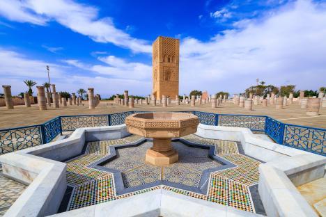 Hassan Tower in Rabat, Morocco, with a fountain and surrounding columns.