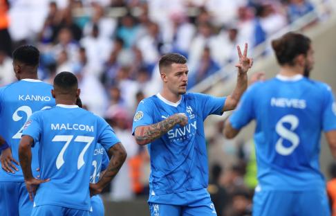 Sergej Milinkovic-Savic of Al Hilal makes a gesture during a soccer game.