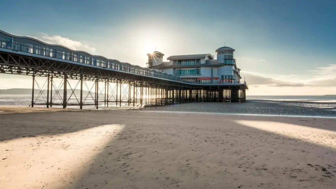 Grand Pier at sunset, viewed from the beach.