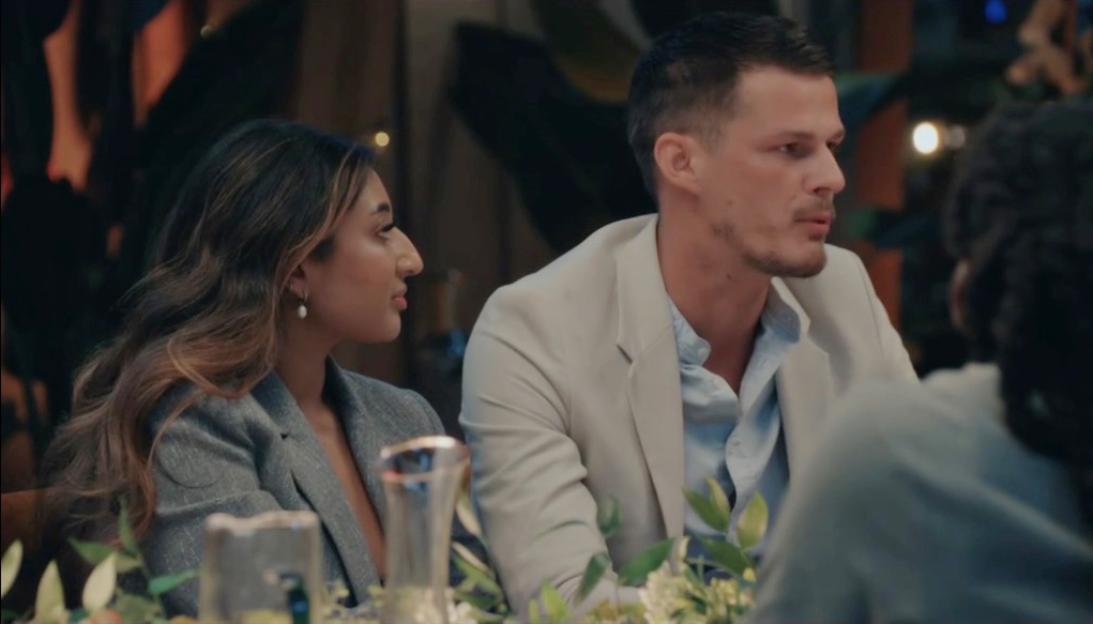 Julia-Ruth, Maeve, and Bailey at a dinner party on Married at First Sight.