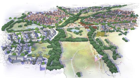 Illustration of Elms Park, a new sustainable neighborhood in Cheltenham, featuring homes, shops, a hotel, and green spaces.
