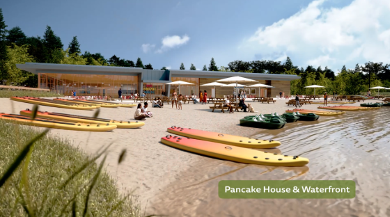 Illustration of a pancake house and waterfront with paddleboards and kayaks.