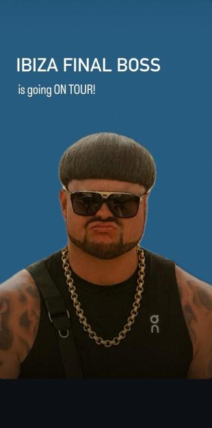 Ibiza Final Boss tour announcement featuring a man with a bowl cut and gold chain.