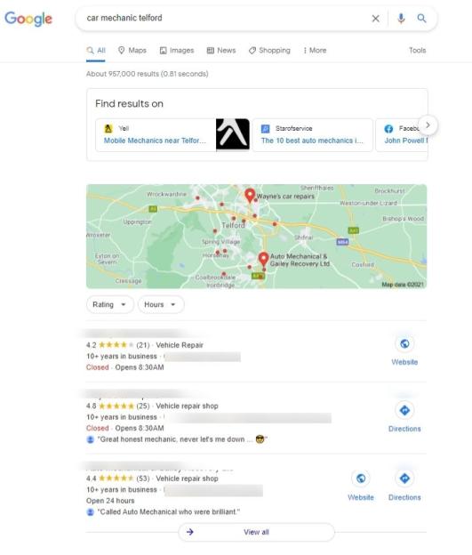 SERPs for car mechanic Telford search.