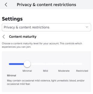 Roblox content maturity settings.
