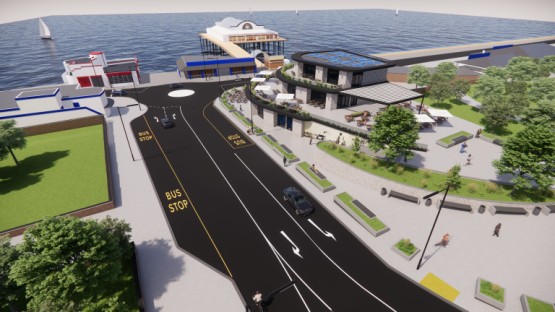 Illustration of Cleethorpes seafront regeneration plans, including a new landmark building and pier gardens.
