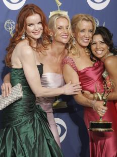 Desperate Housewives cast members Marcia Cross, Nicollette Sheridan, Felicity Huffman, and Eva Longoria at the Emmy Awards.