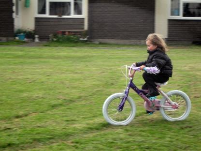 Girl riding a purple bicycle on a grassy lawn.
