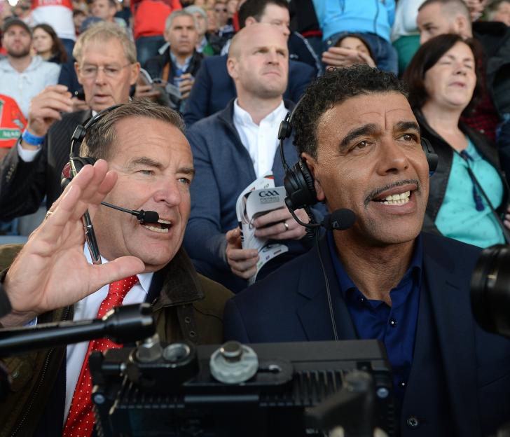 17 September 2017; Jeff Stelling and Chris Kamara work in their commentating position during the match. Watch Jeff Stelling and Chris Kamara commentate on the All-Ireland Football Final in the final episode of AIB¿s Jeff & Kammy¿s Journey to Croker airing on www.youtube.com/AIB at 5pm on Monday 25th September. For exclusive content and behind the scenes action follow AIB GAA on Facebook, Twitter, Instagram and Snapchat. Photo by Cody Glenn/Sportsfile