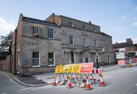 Road closed in front of Lloyds Bank in Ashbourne, Derbyshire due to roadworks.