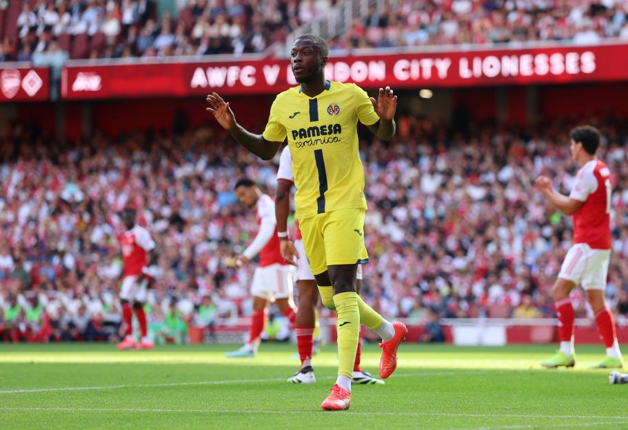Nicolas Pepe of Villarreal CF celebrates scoring a goal.