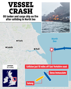 Illustration of a map showing the location of a collision between an oil tanker and a cargo ship in the North Sea, along with a photo of the burning ships.