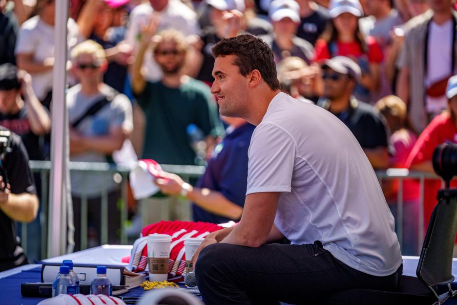 Charlie Kirk speaking at Utah Valley University.