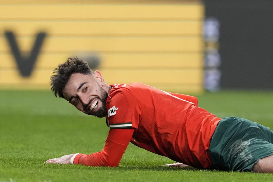 Bruno Fernandes of Portugal reacting during a soccer match.