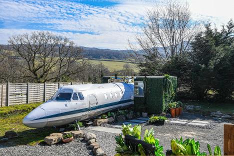 A converted private jet used as a tiny home.