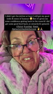 Close-up selfie of an actress sharing her experience of a job audition.