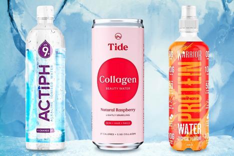 Collage of three different types of bottled and canned water.