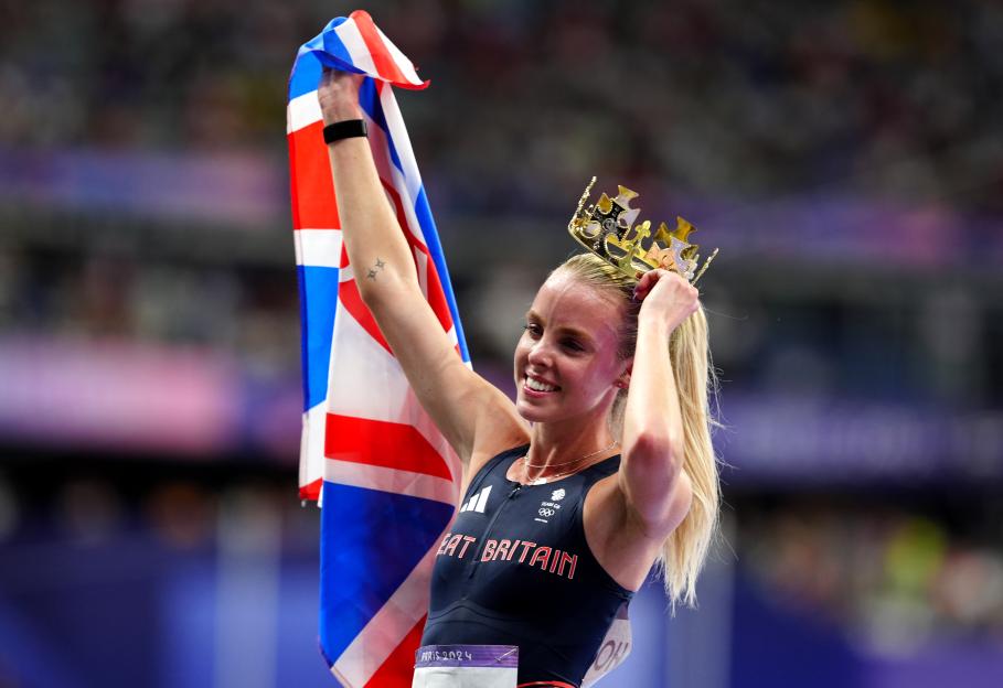 Keely Hodgkinson, Olympic 800m champion, holding a British flag and a crown.