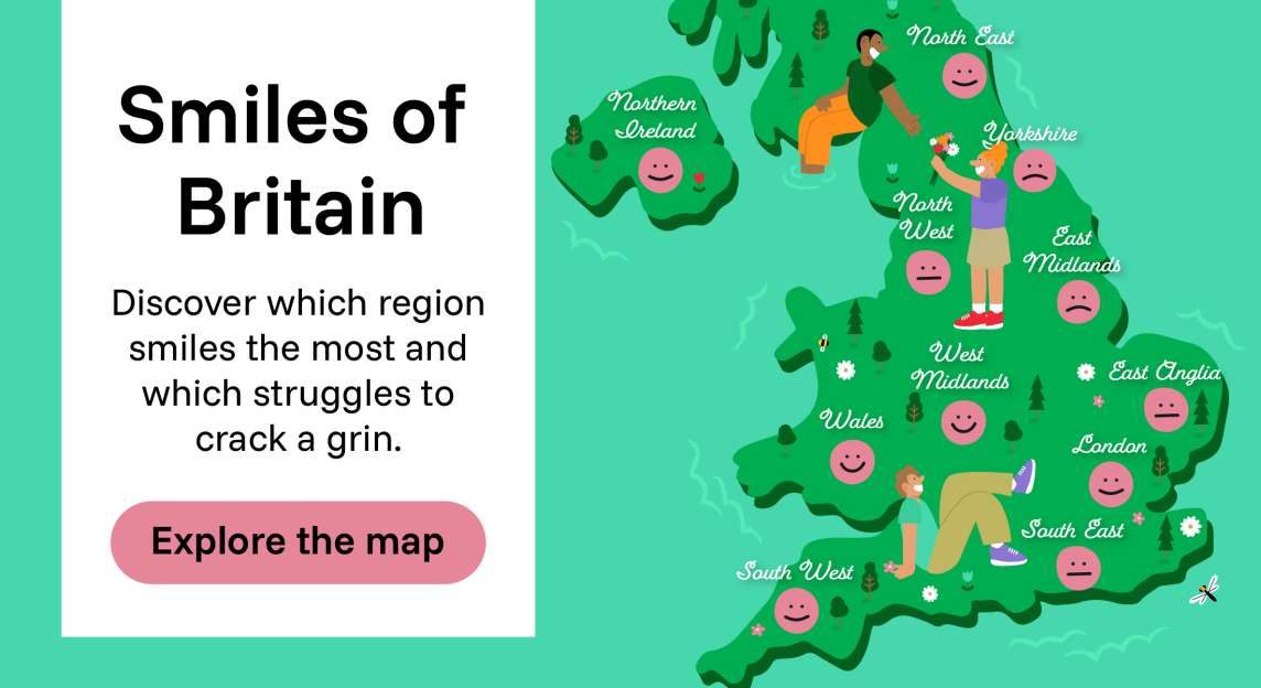 Illustration of a map of Britain showing smiles and frowns in different regions, with the title "Smiles of Britain".