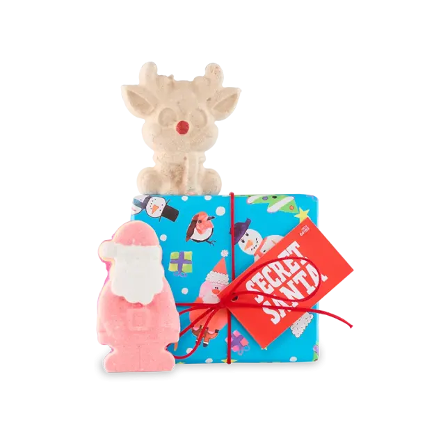 Secret Santa gift box with a reindeer bath bomb and Santa soap.