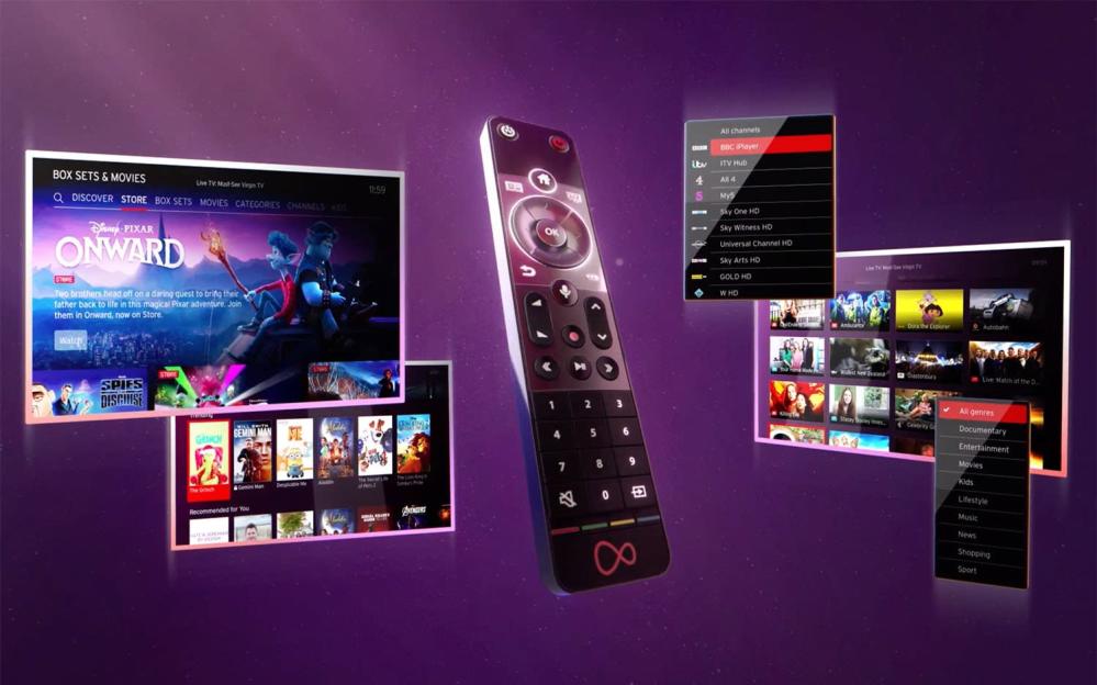Virgin Media TV interface showing movies and channels available to stream.