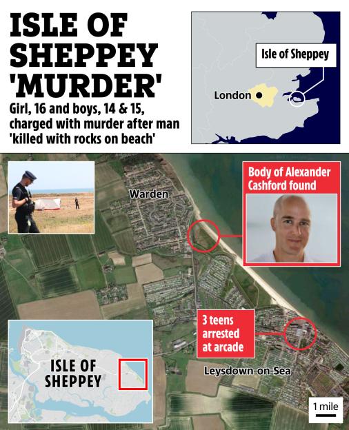 Map and photos related to the Isle of Sheppey murder investigation.
