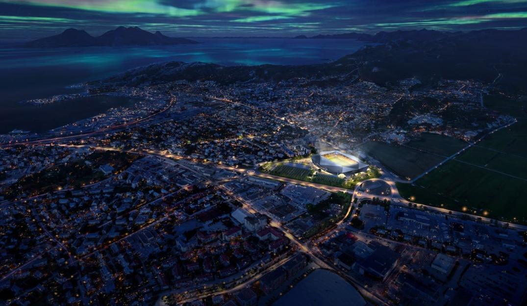 Aerial illustration of a new stadium at night, illuminated, in a city by the water, under the aurora borealis.