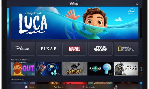 Disney+ app interface showing Luca, Disney, Pixar, Marvel, Star Wars, and National Geographic content.