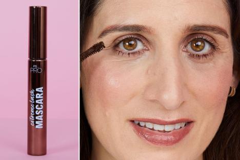 An image collage containing 2 images, Image 1 shows Brown mascara tube on pink background, Image 2 shows Woman applying brown mascara