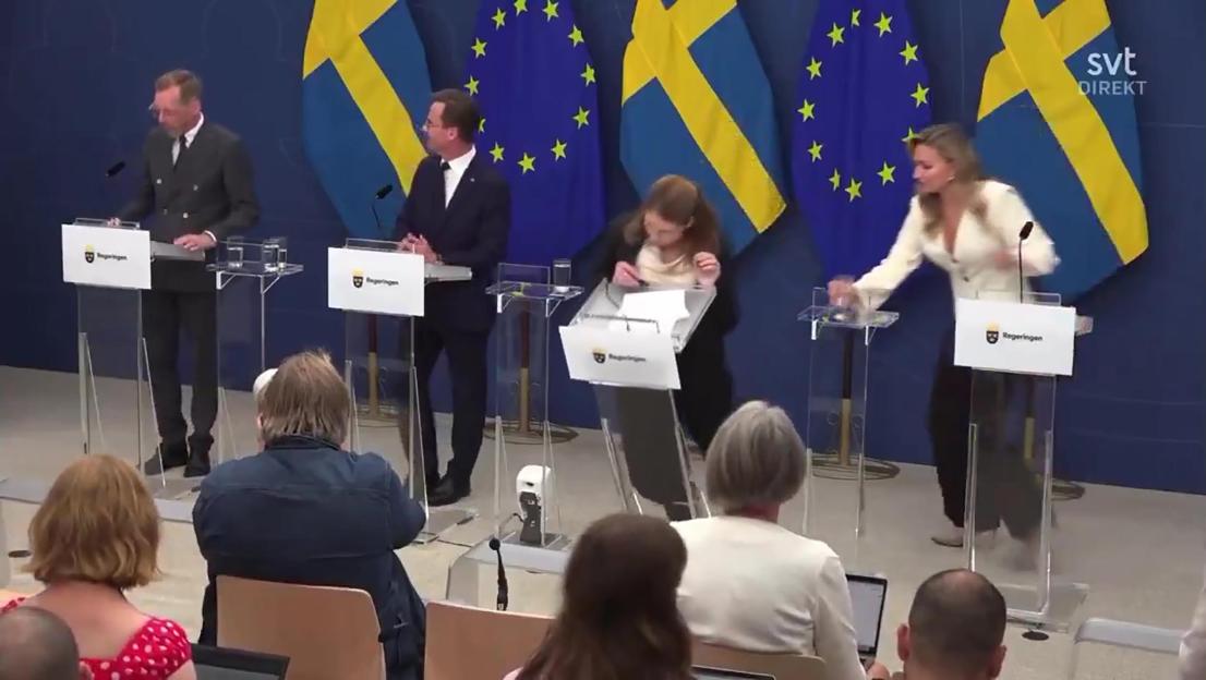 Swedish Health Minister Elisabet Lann collapsing at a press conference.