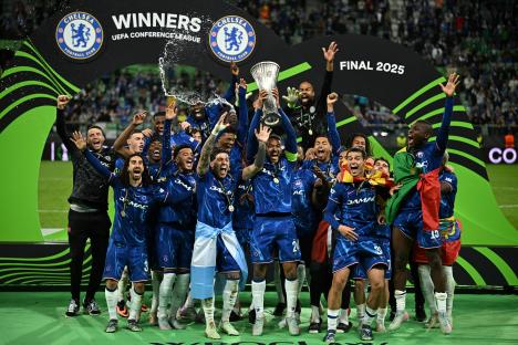 Chelsea players celebrating their UEFA Conference League victory.