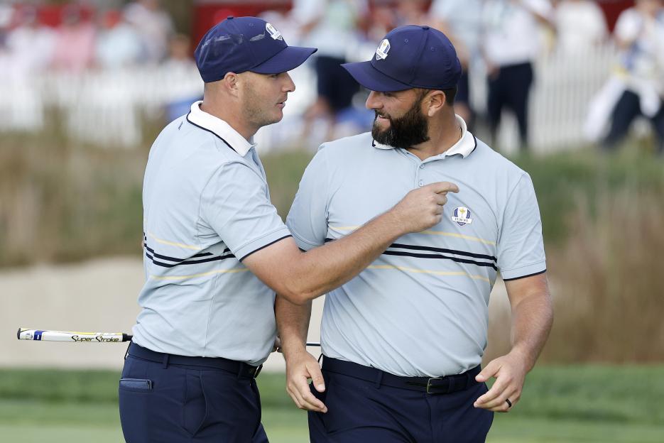 Sepp Straka and Jon Rahm of Team Europe celebrating their win during the Ryder Cup.