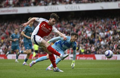 Arsenal's Declan Rice scoring a goal.
